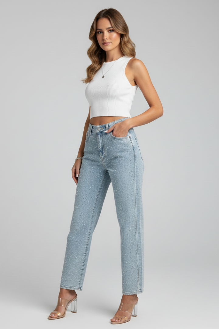 Mariselle | Women’s High Waist Straight Leg Jeans – Stretch Denim Shimmer Finish