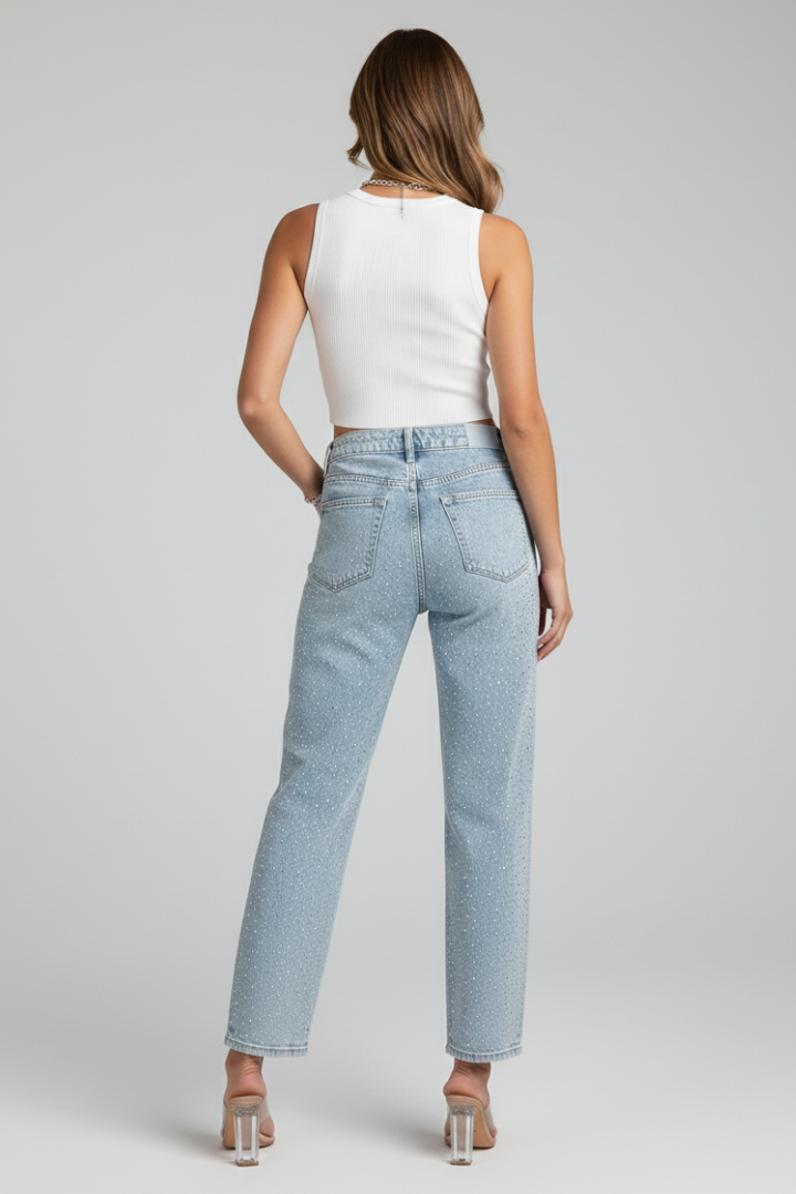 Mariselle | Women’s High Waist Straight Leg Jeans – Stretch Denim Shimmer Finish