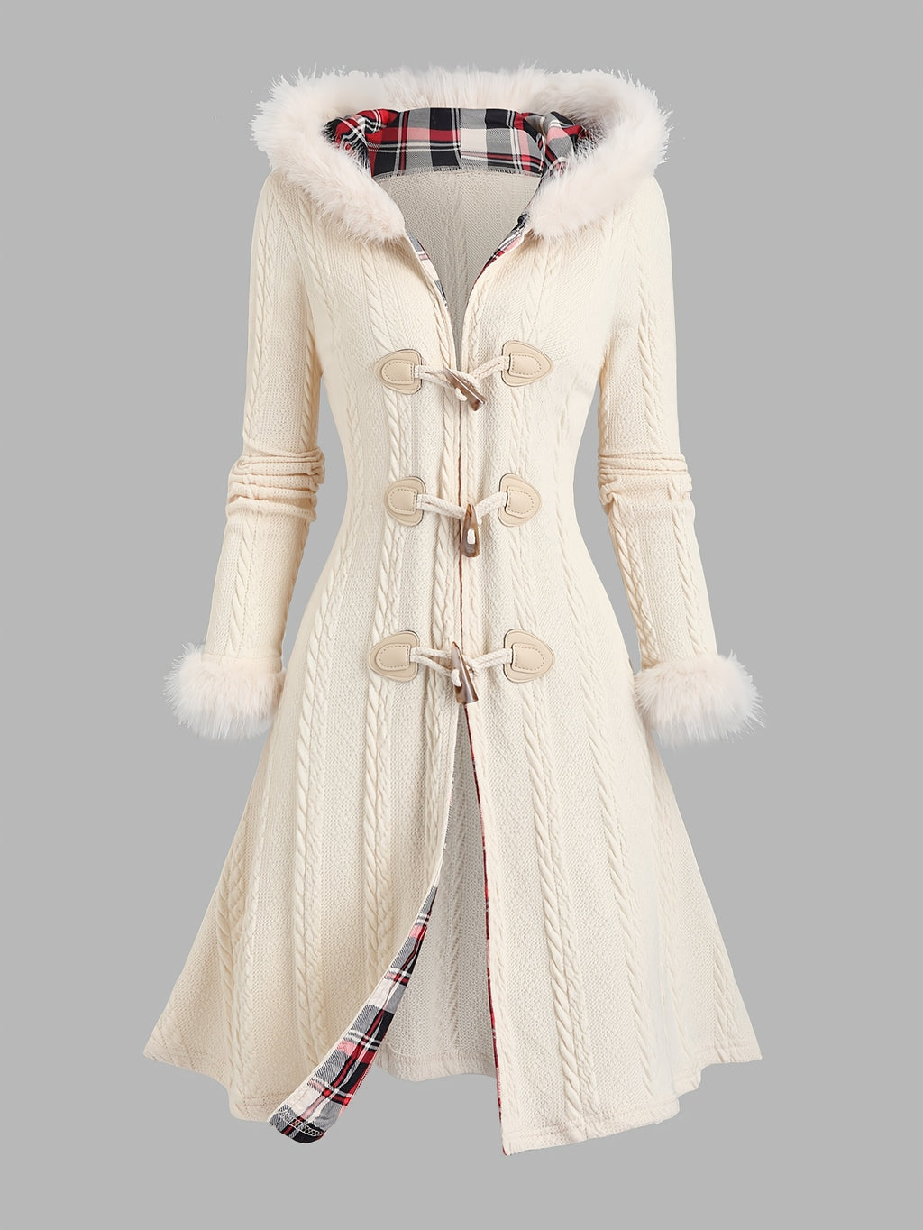 Marivelle | Women’s Plaid Patchwork Hooded Coat – Button Front
