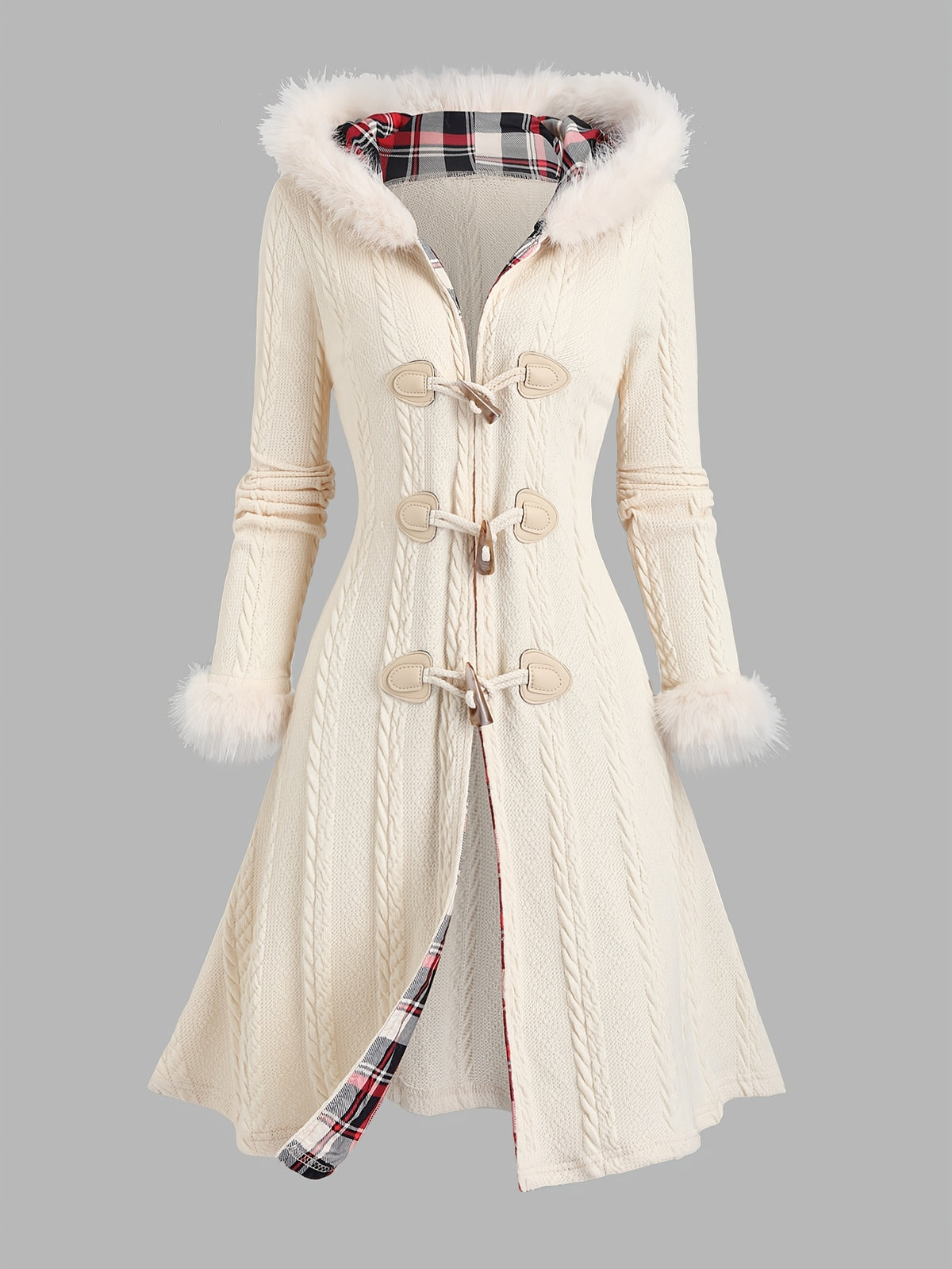 Marivelle | Women’s Plaid Patchwork Hooded Coat – Button Front