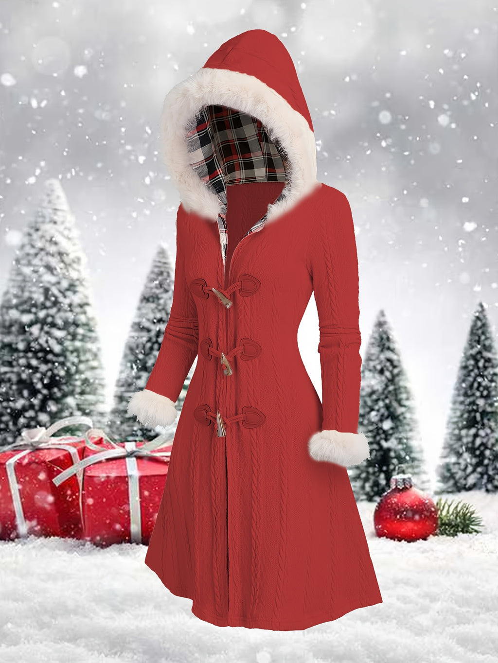 Marivelle | Women’s Plaid Patchwork Hooded Coat – Button Front
