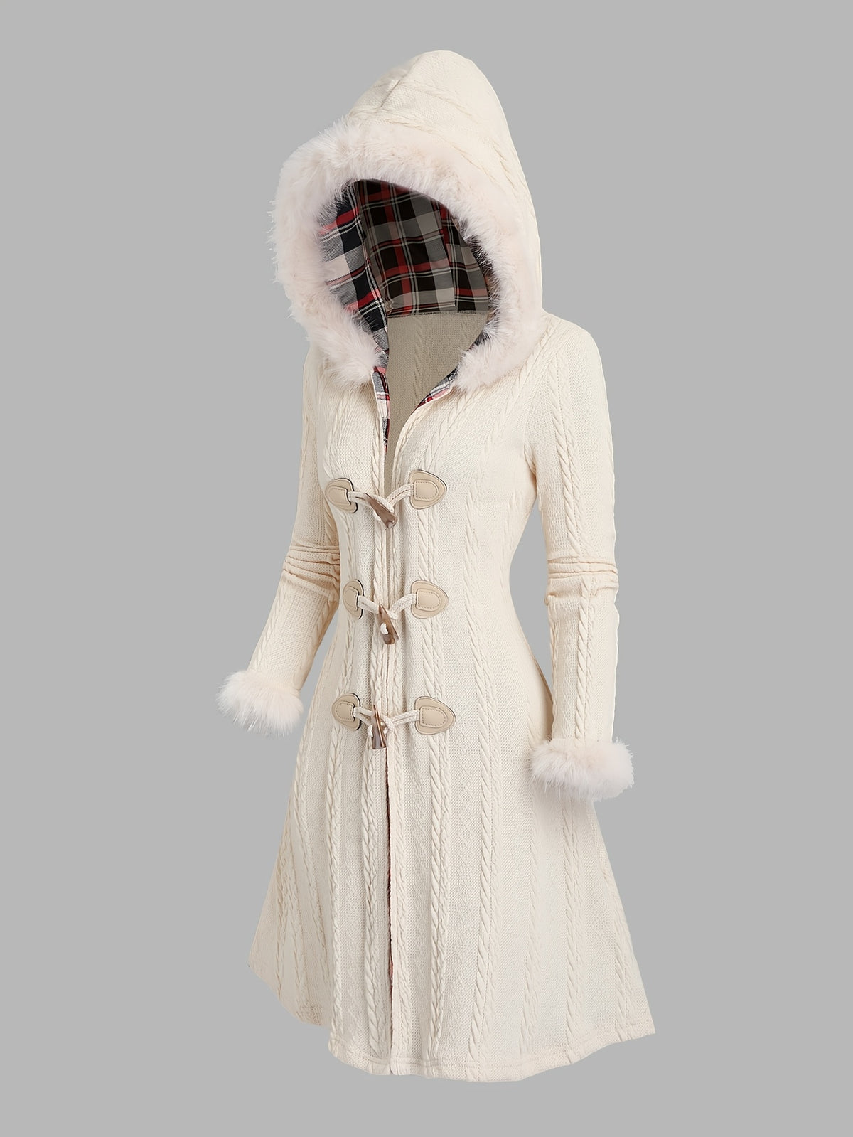 Marivelle | Women’s Plaid Patchwork Hooded Coat – Button Front