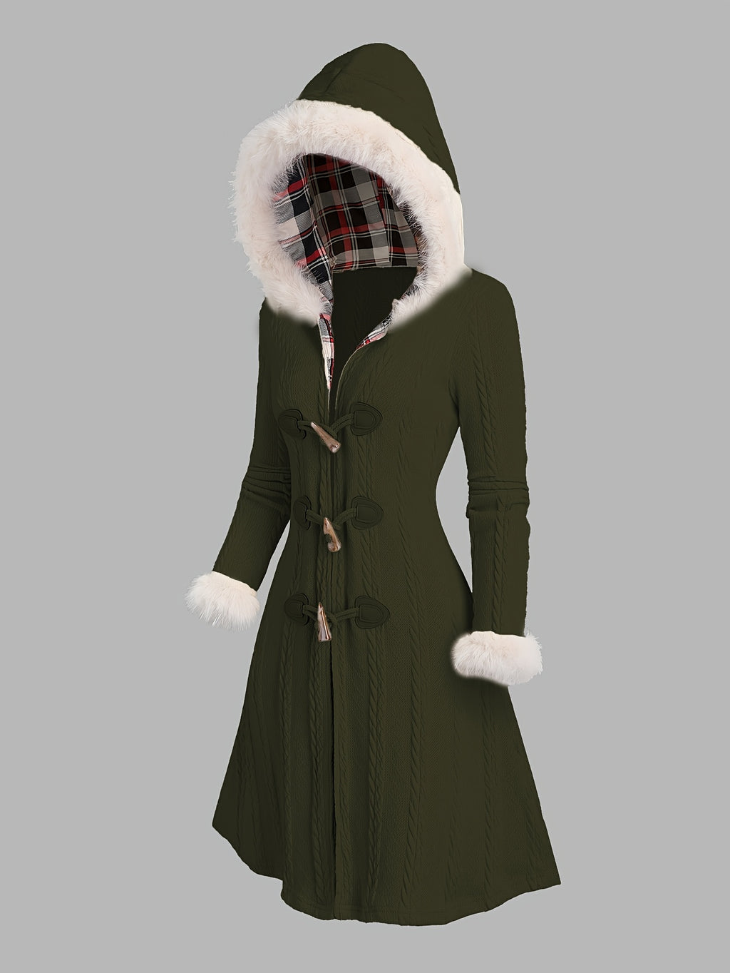 Marivelle | Women’s Plaid Patchwork Hooded Coat – Button Front