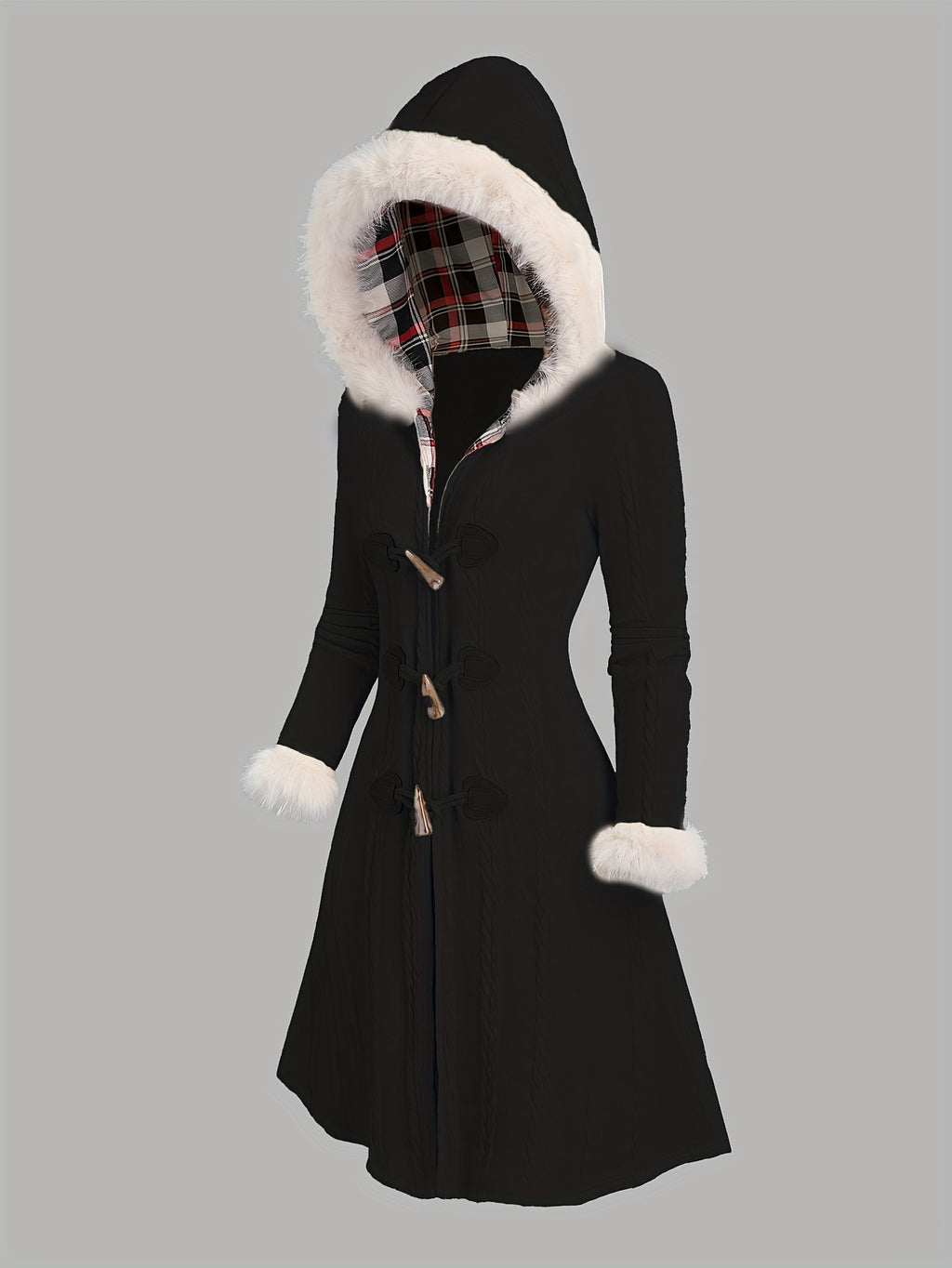 Marivelle | Women’s Plaid Patchwork Hooded Coat – Button Front