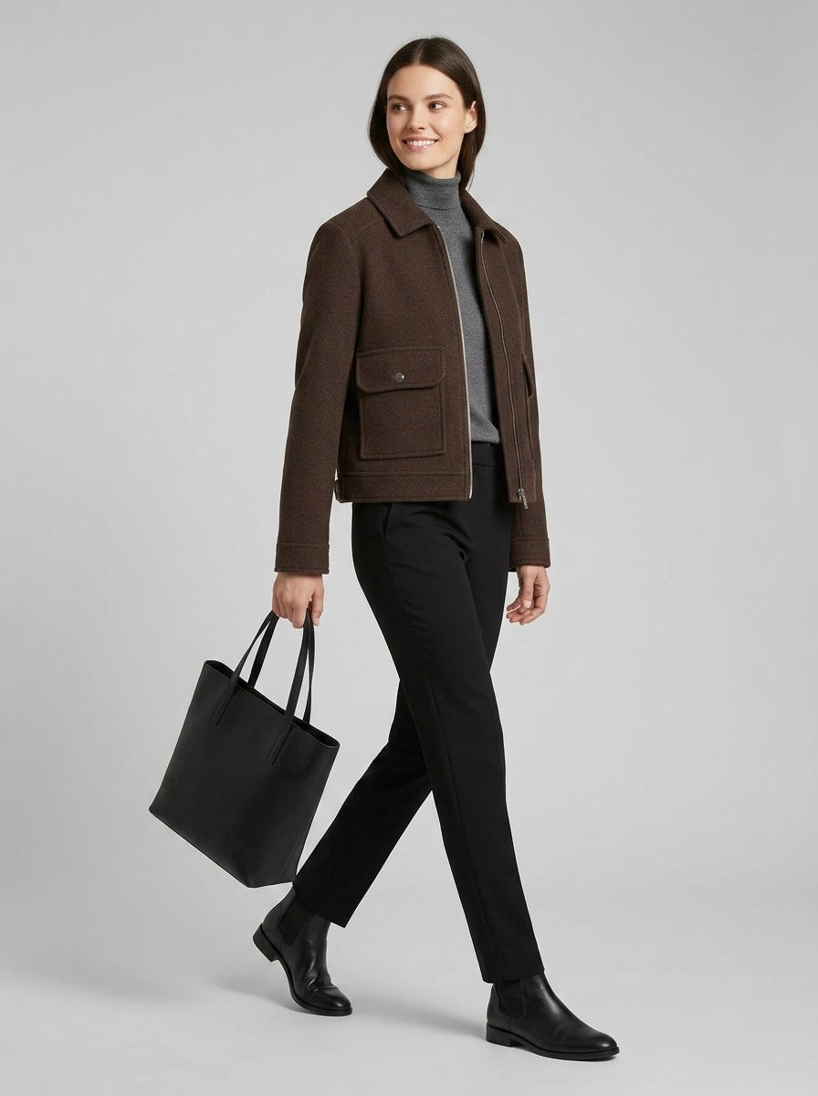 Marivienne | Women’s Bomber Jacket, Lapel Collar, Zip Front, Long Sleeve