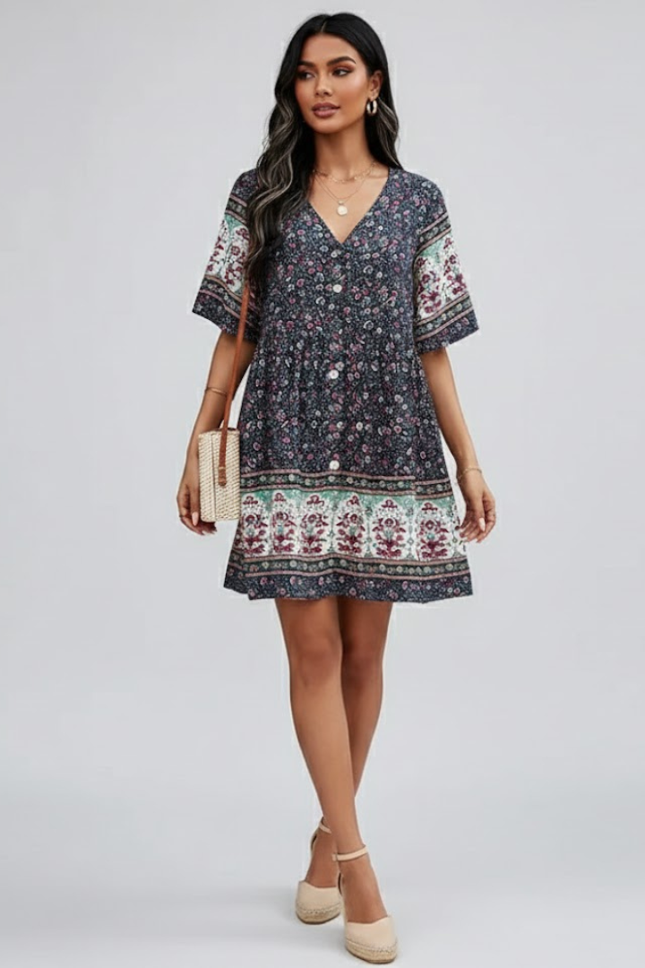 Mela | Women’s Boho Floral Dress – V-Neck, Short Sleeve Casual Beach Holiday Midi Dress