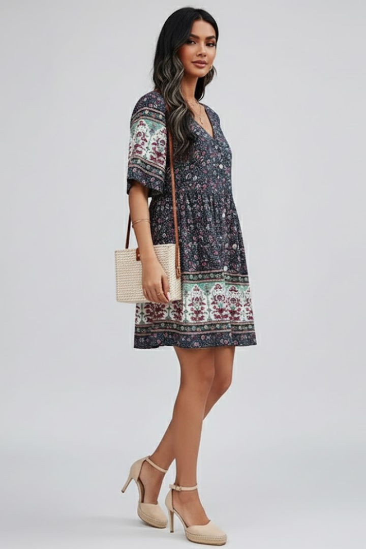 Mela | Women’s Boho Floral Dress – V-Neck, Short Sleeve Casual Beach Holiday Midi Dress