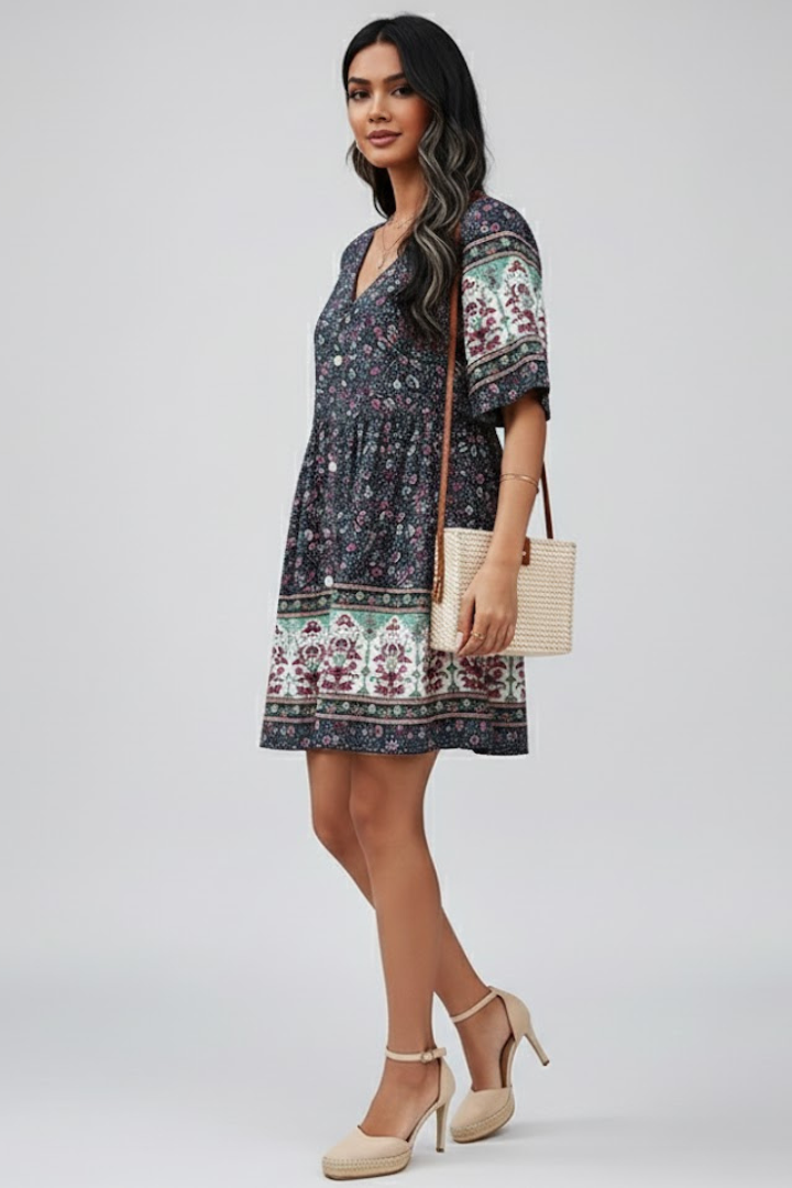 Mela | Women’s Boho Floral Dress – V-Neck, Short Sleeve Casual Beach Holiday Midi Dress