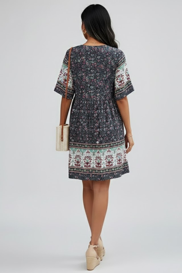 Mela | Women’s Boho Floral Dress – V-Neck, Short Sleeve Casual Beach Holiday Midi Dress
