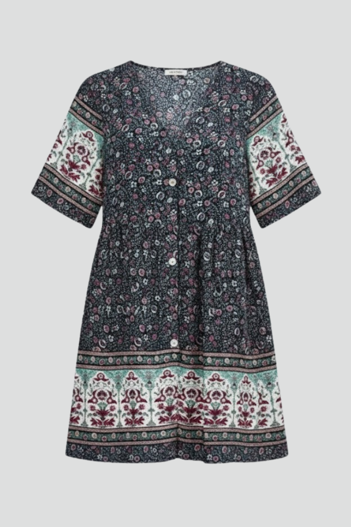 Mela | Women’s Boho Floral Dress – V-Neck, Short Sleeve Casual Beach Holiday Midi Dress