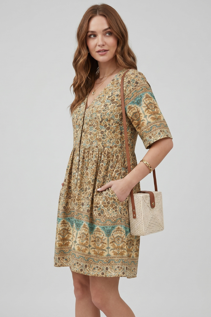 Mela | Women’s Boho Floral Dress – V-Neck, Short Sleeve Casual Beach Holiday Midi Dress