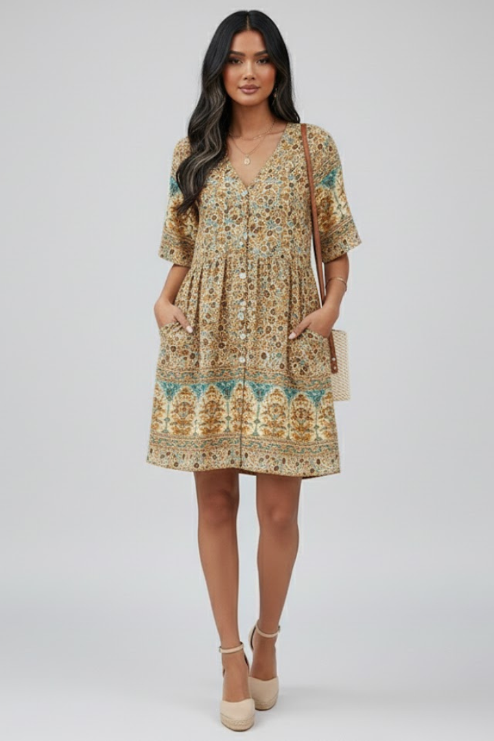 Mela | Women’s Boho Floral Dress – V-Neck, Short Sleeve Casual Beach Holiday Midi Dress
