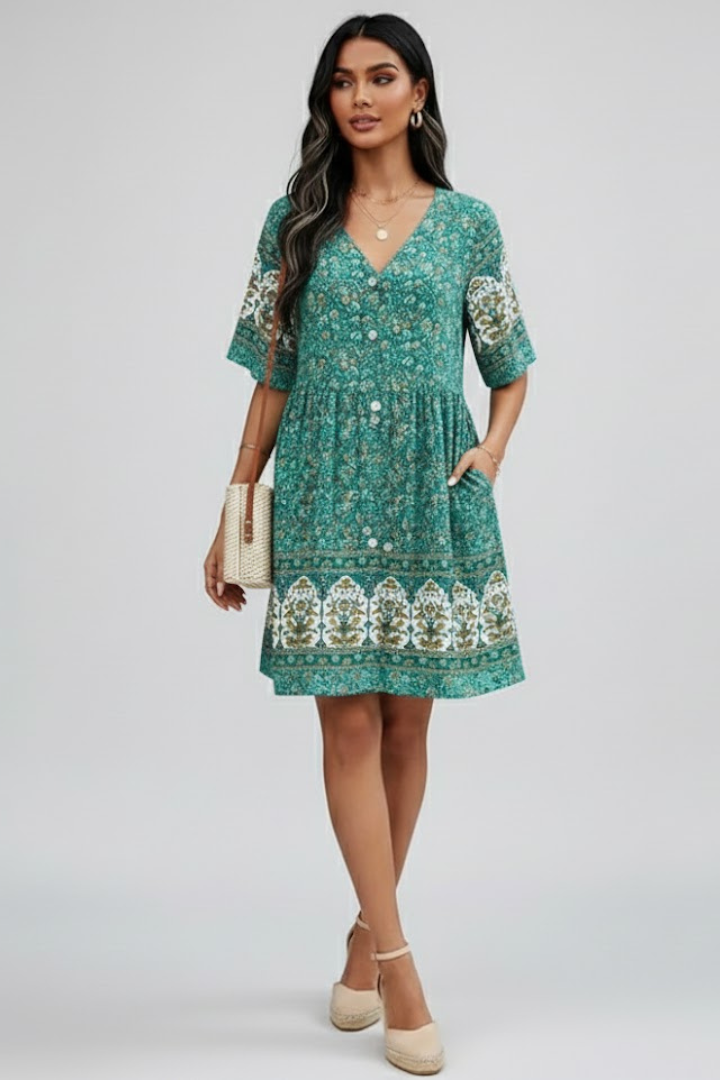 Mela | Women’s Boho Floral Dress – V-Neck, Short Sleeve Casual Beach Holiday Midi Dress