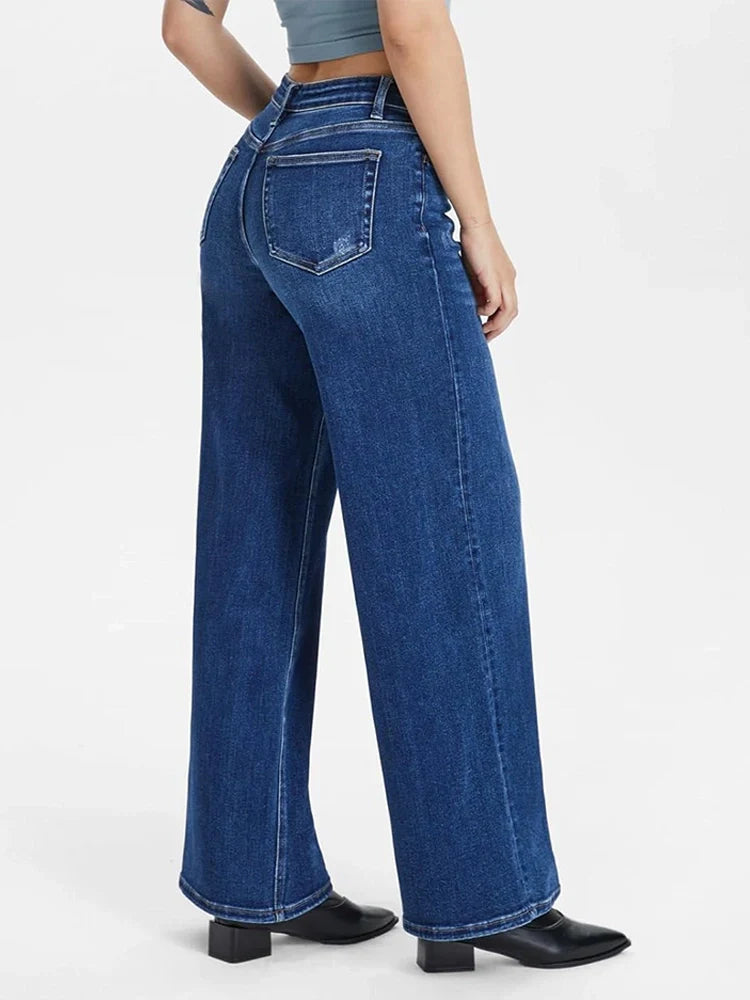 Women’s Wide-Leg Jeans with Mid Waist and Button Closure