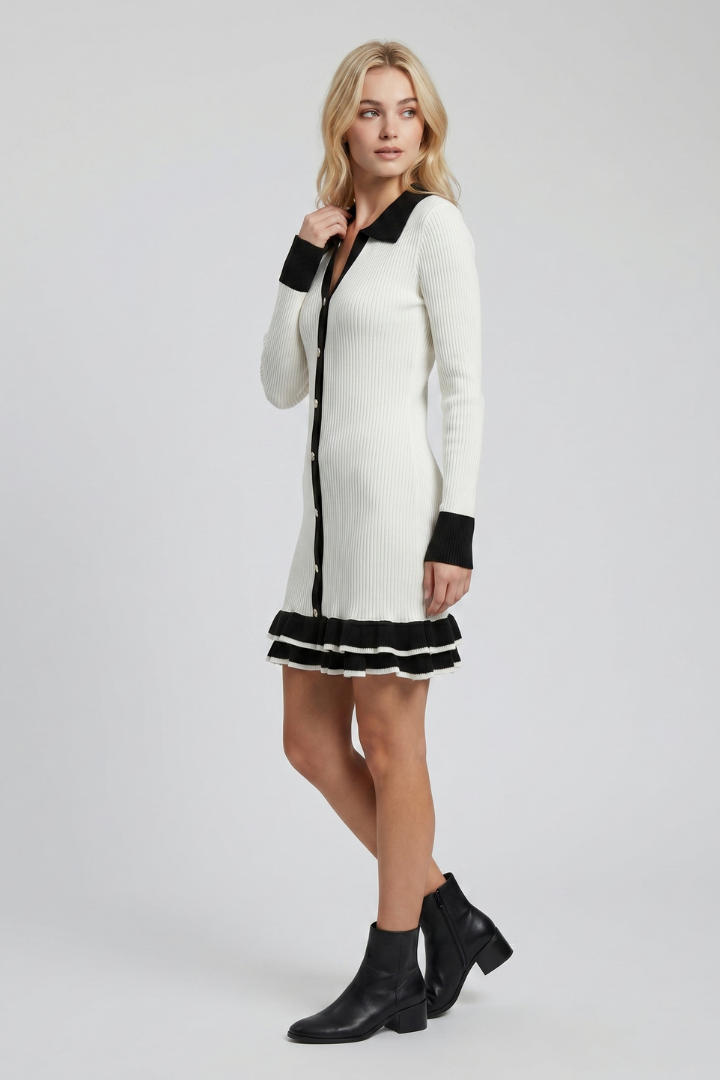 Miella | Women’s Ribbed Button-Down Dress – Structured Collar, Long Sleeve Contrast Cuffs