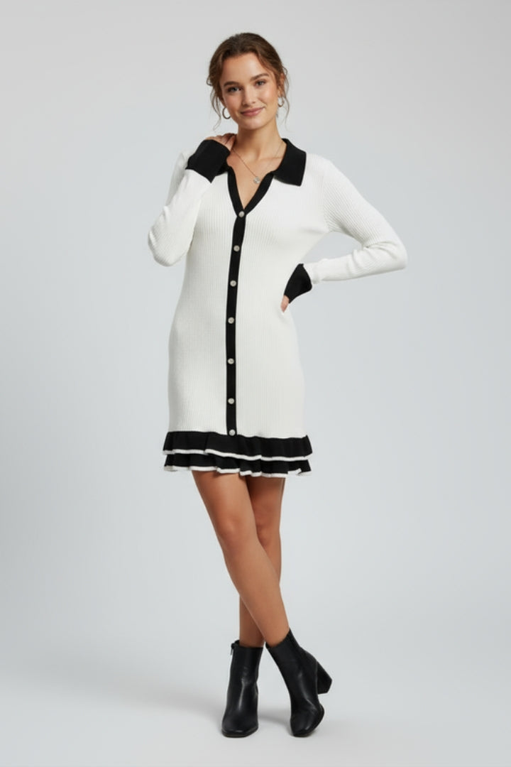Miella | Women’s Ribbed Button-Down Dress – Structured Collar, Long Sleeve Contrast Cuffs