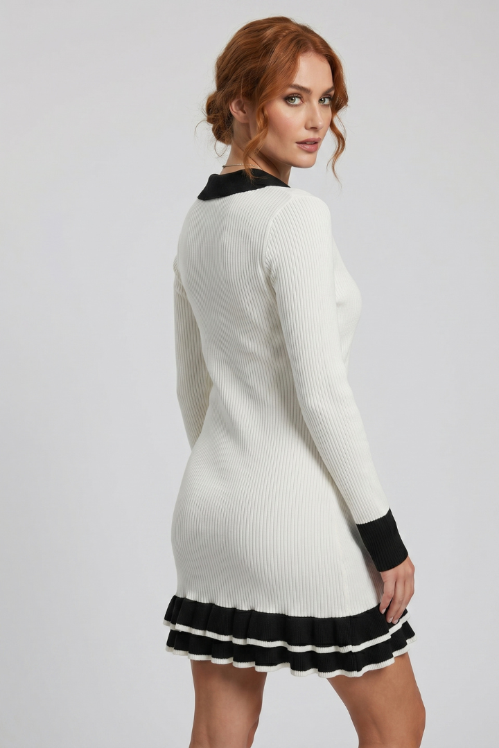 Miella | Women’s Ribbed Button-Down Dress – Structured Collar, Long Sleeve Contrast Cuffs