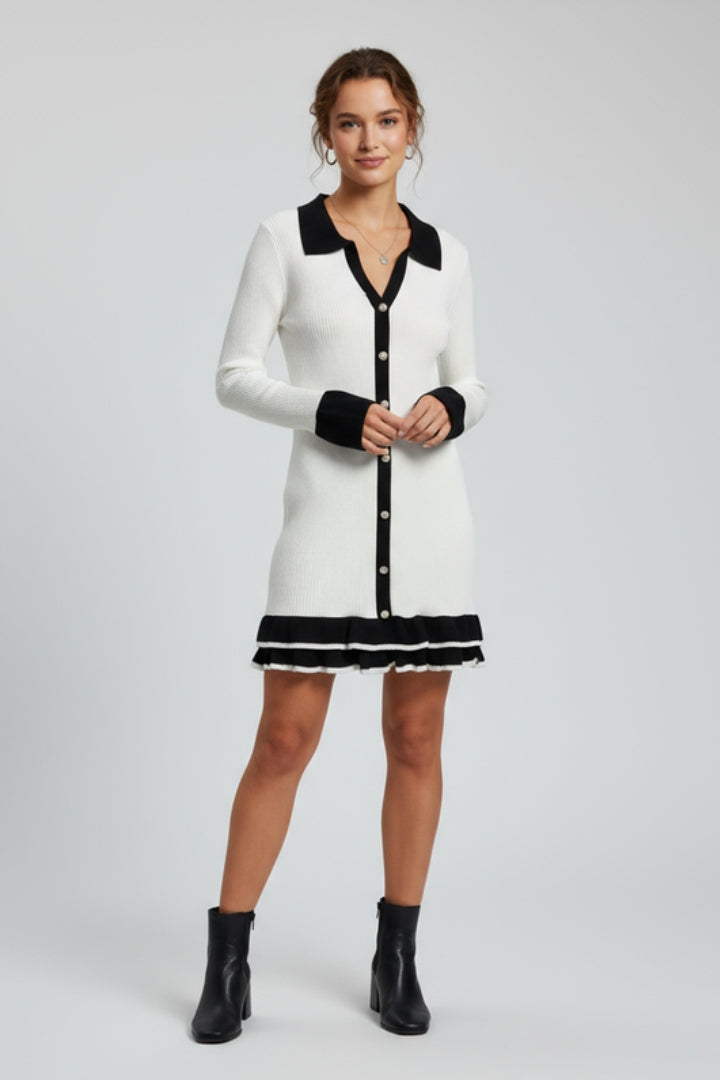 Miella | Women’s Ribbed Button-Down Dress – Structured Collar, Long Sleeve Contrast Cuffs