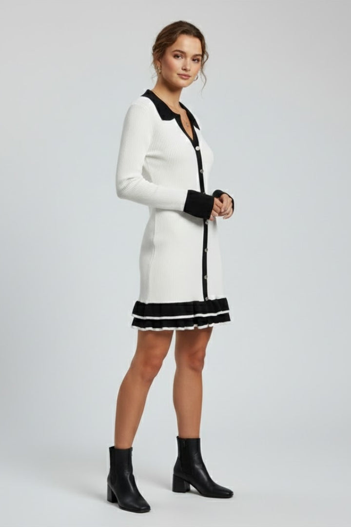 Miella | Women’s Ribbed Button-Down Dress – Structured Collar, Long Sleeve Contrast Cuffs