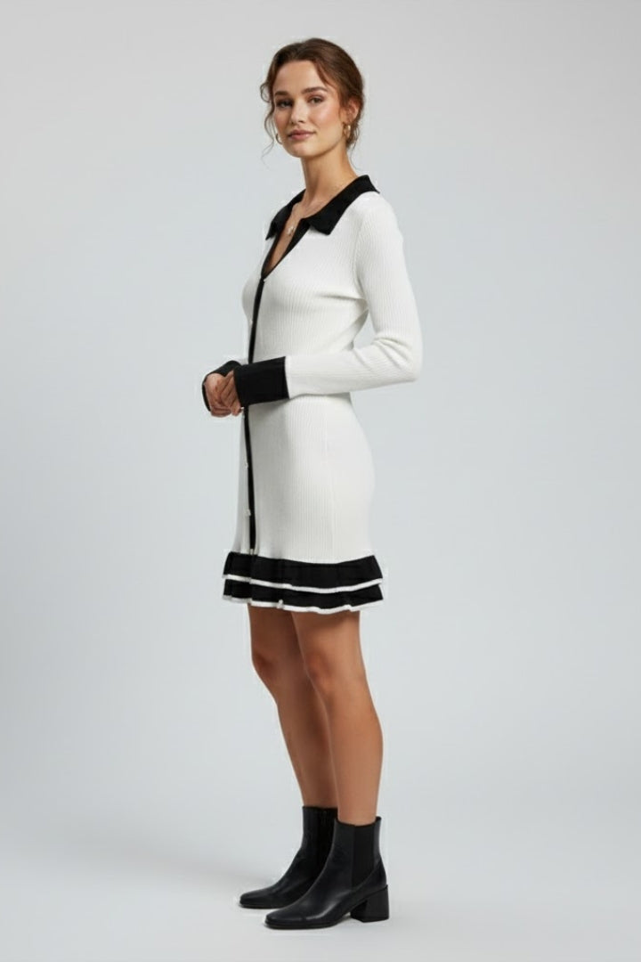 Miella | Women’s Ribbed Button-Down Dress – Structured Collar, Long Sleeve Contrast Cuffs