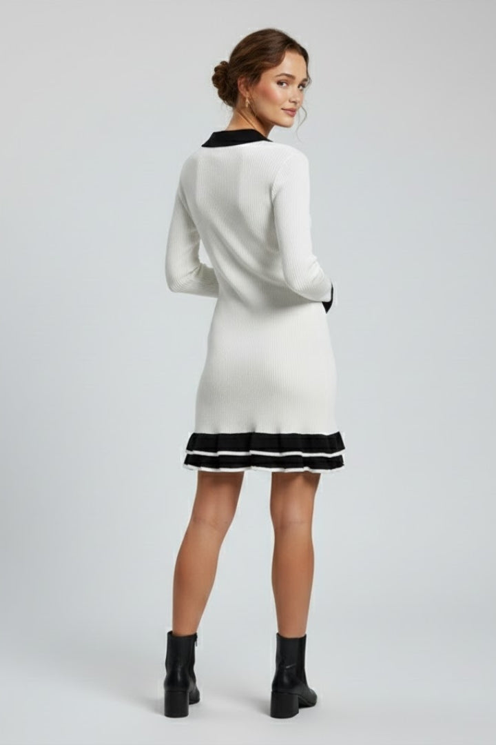 Miella | Women’s Ribbed Button-Down Dress – Structured Collar, Long Sleeve Contrast Cuffs