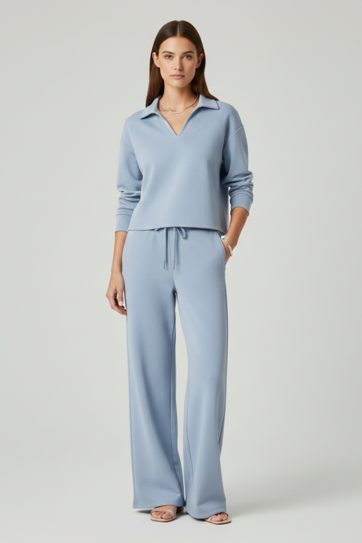 Milena | Women's V-Neck Top & Wide Leg Pants Set – Casual Two-Piece Outfit