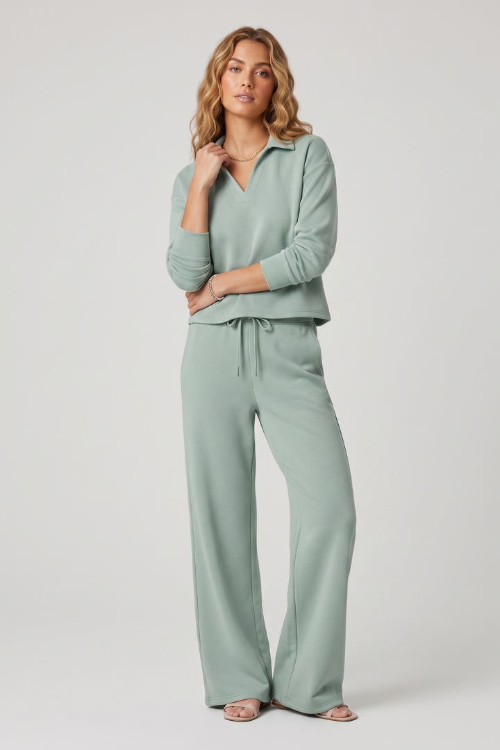 Milena | Women's V-Neck Top & Wide Leg Pants Set – Casual Two-Piece Outfit