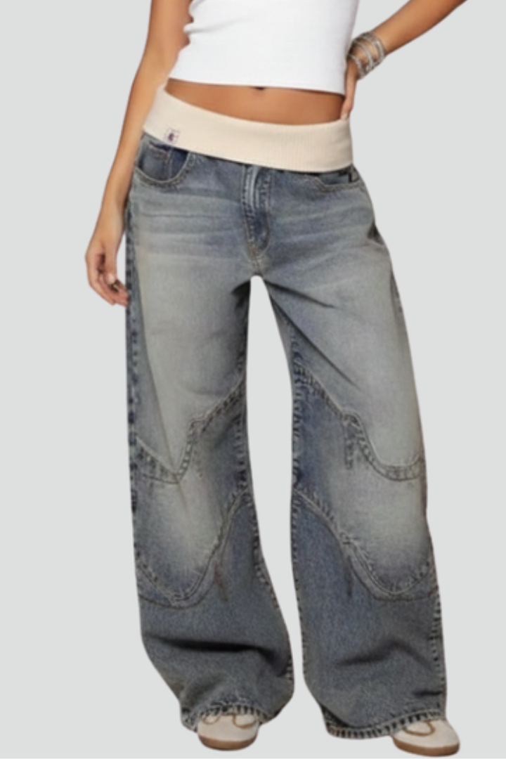Mira | Women’s Baggy Wide-Leg Jeans – Elastic Waist Pull-On Washed Denim Trousers