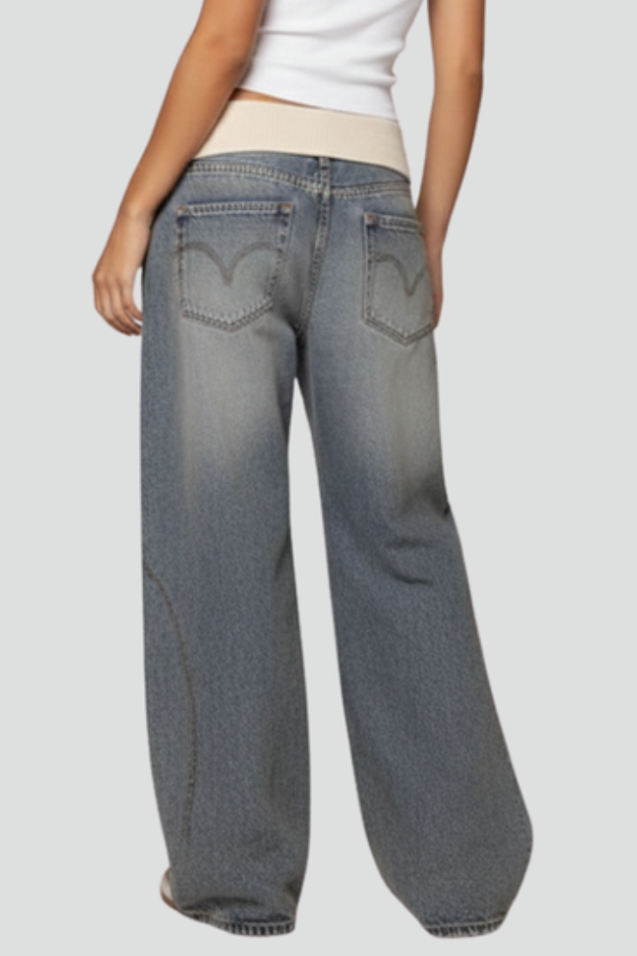 Mira | Women’s Baggy Wide-Leg Jeans – Elastic Waist Pull-On Washed Denim Trousers