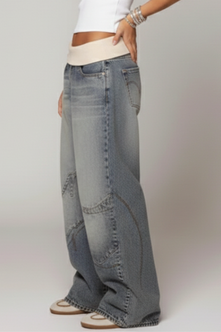 Mira | Women’s Baggy Wide-Leg Jeans – Elastic Waist Pull-On Washed Denim Trousers