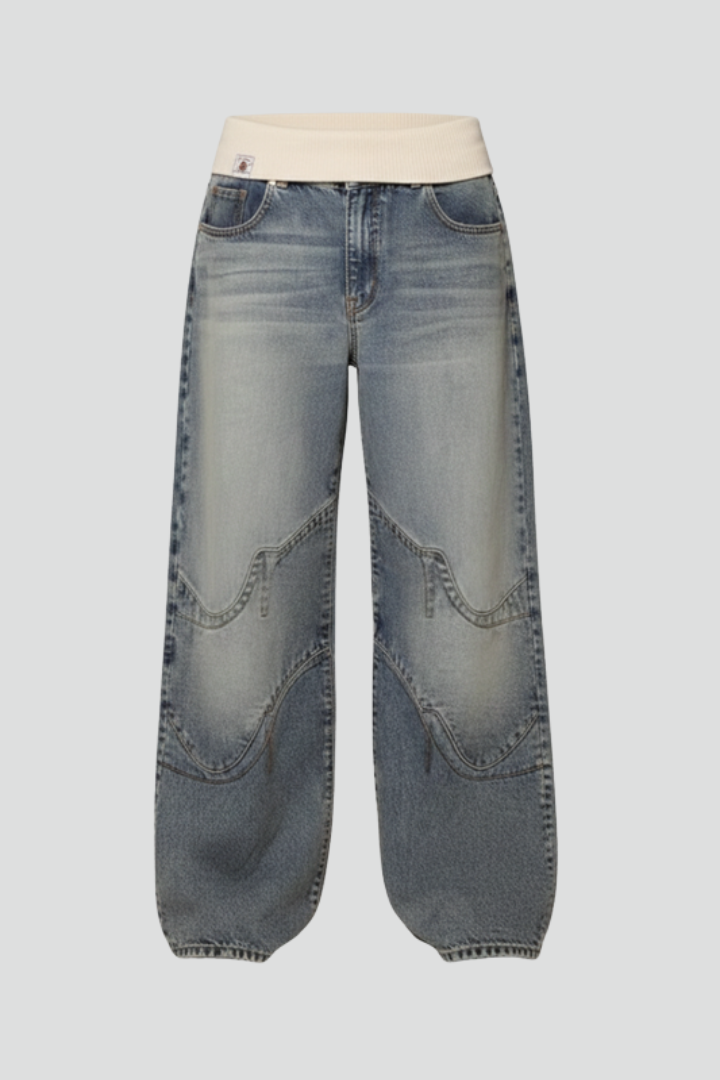 Mira | Women’s Baggy Wide-Leg Jeans – Elastic Waist Pull-On Washed Denim Trousers
