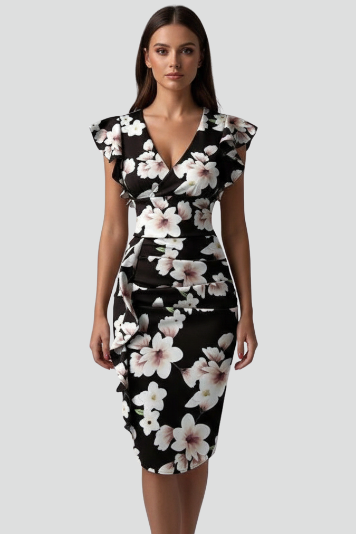 Mirae | Women’s Floral V-Neck Midi Dress – Ruffle Flutter Sleeve Fitted Waist