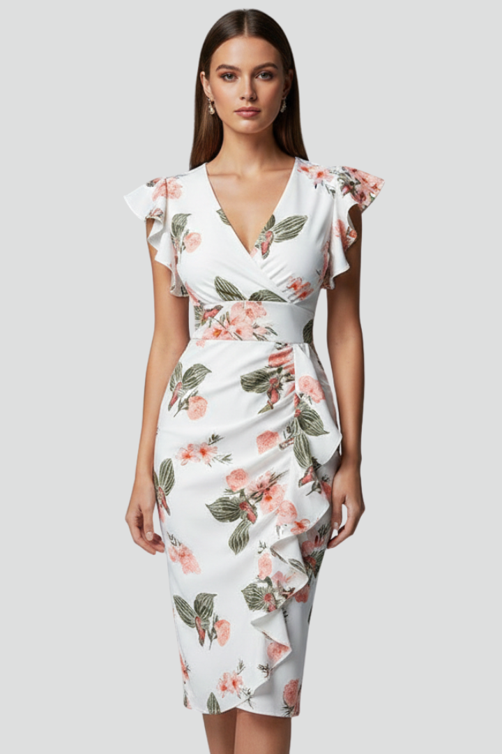 Mirae | Women’s Floral V-Neck Midi Dress – Ruffle Flutter Sleeve Fitted Waist