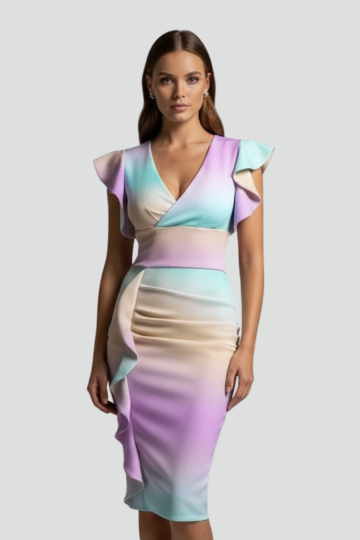 Mirae | Women’s Floral V-Neck Midi Dress – Ruffle Flutter Sleeve Fitted Waist