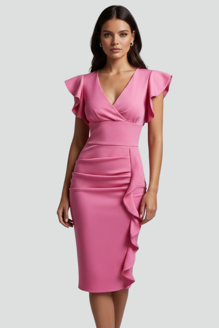 Mirae | Women’s Floral V-Neck Midi Dress – Ruffle Flutter Sleeve Fitted Waist