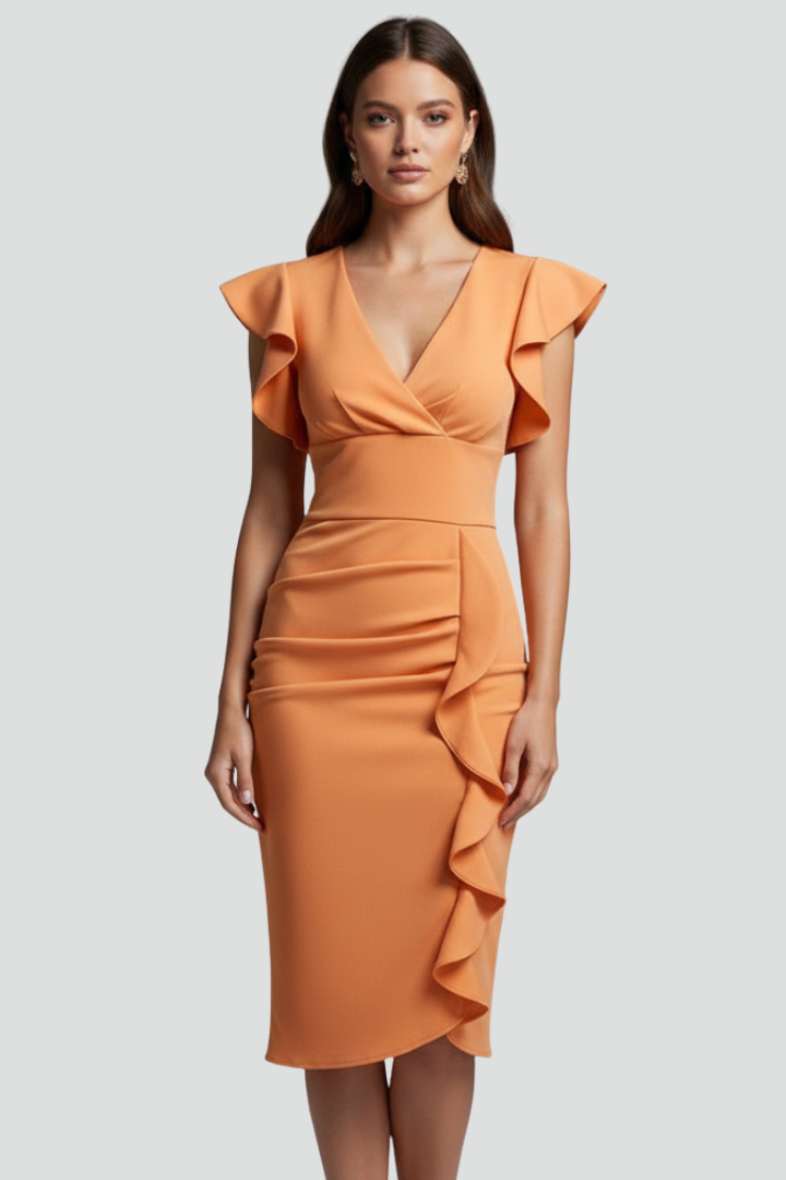 Mirae | Women’s Floral V-Neck Midi Dress – Ruffle Flutter Sleeve Fitted Waist