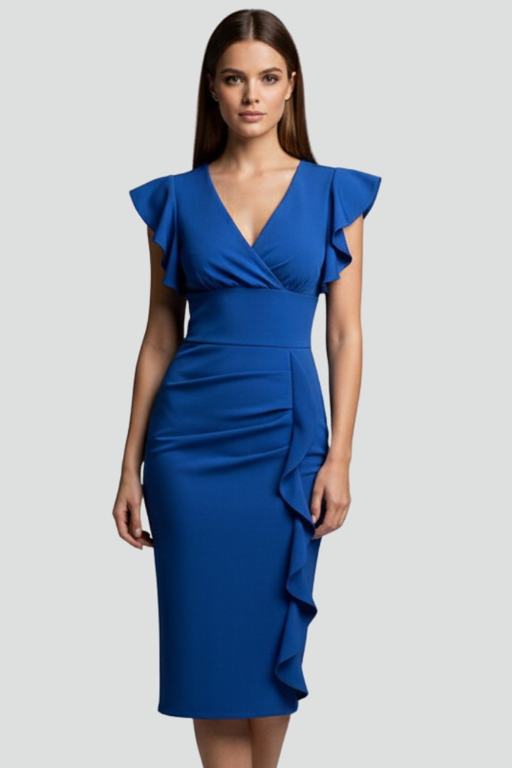 Mirae | Women’s Floral V-Neck Midi Dress – Ruffle Flutter Sleeve Fitted Waist