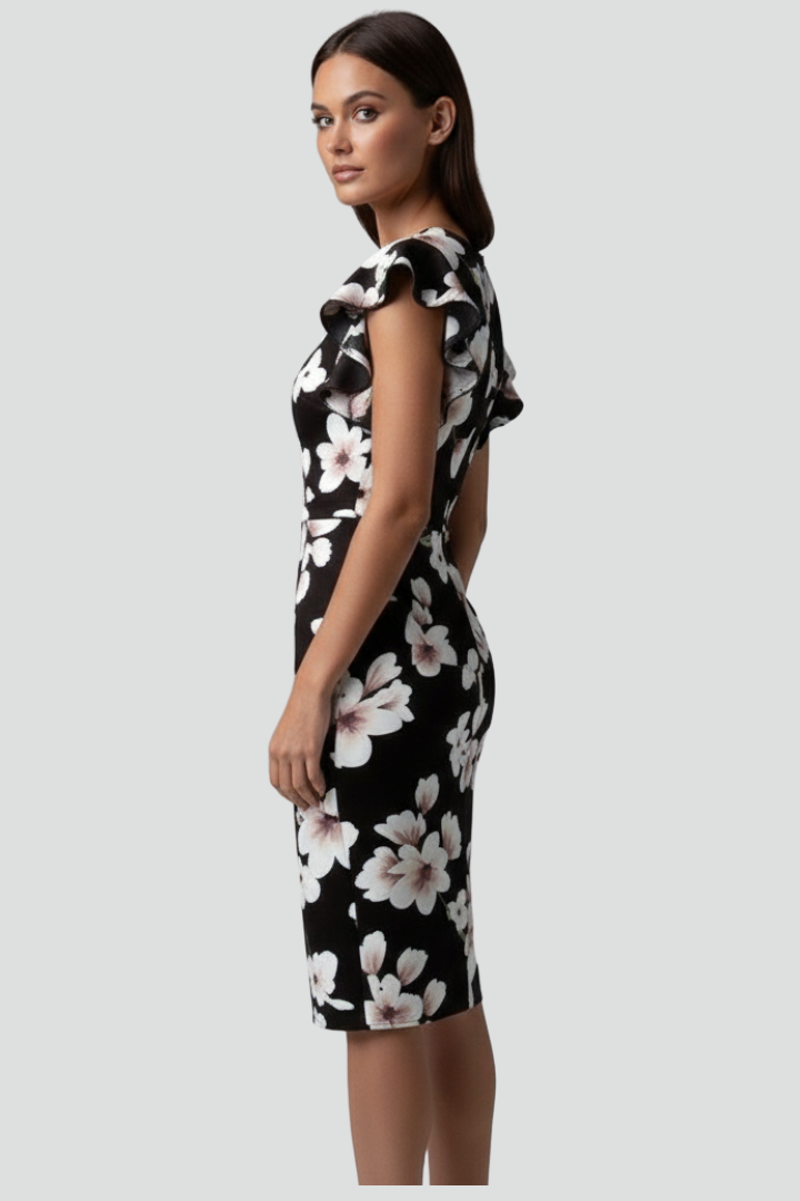 Mirae | Women’s Floral V-Neck Midi Dress – Ruffle Flutter Sleeve Fitted Waist