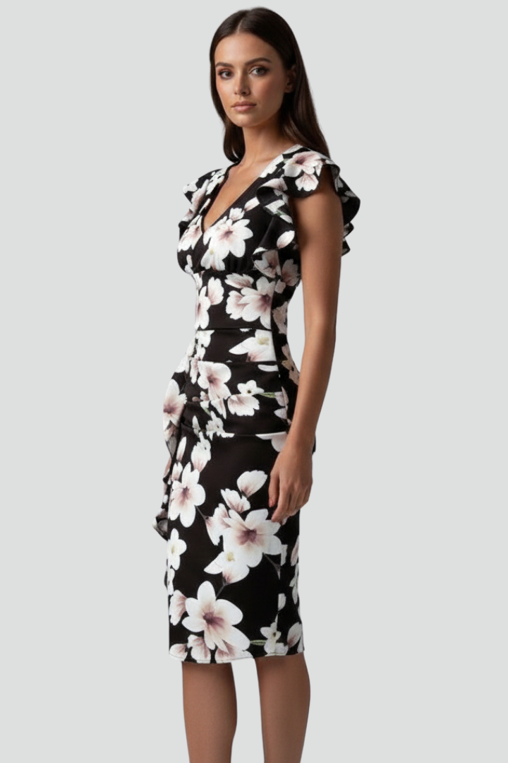 Mirae | Women’s Floral V-Neck Midi Dress – Ruffle Flutter Sleeve Fitted Waist