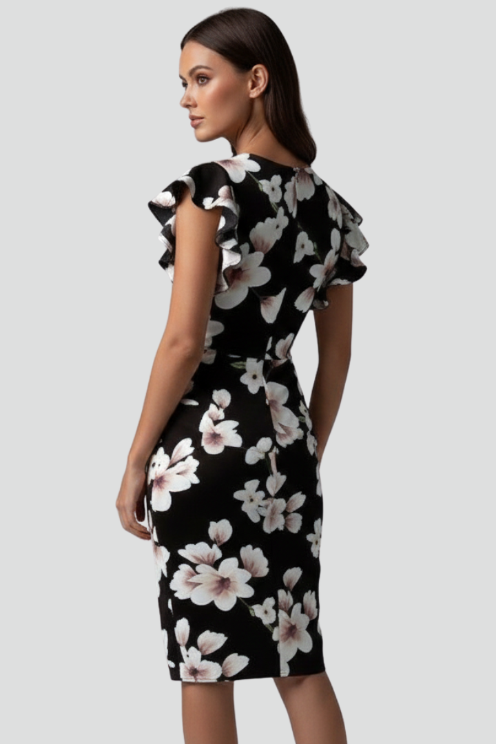 Mirae | Women’s Floral V-Neck Midi Dress – Ruffle Flutter Sleeve Fitted Waist