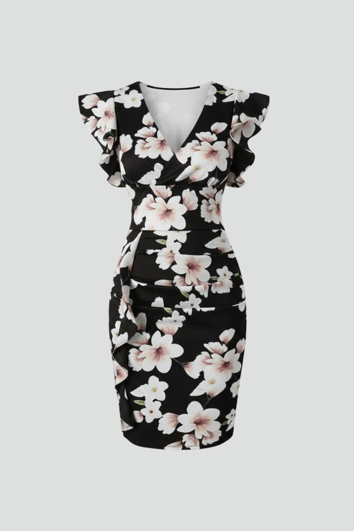 Mirae | Women’s Floral V-Neck Midi Dress – Ruffle Flutter Sleeve Fitted Waist