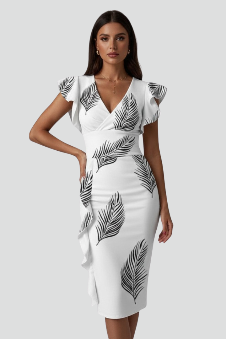 Mirae | Women’s Floral V-Neck Midi Dress – Ruffle Flutter Sleeve Fitted Waist