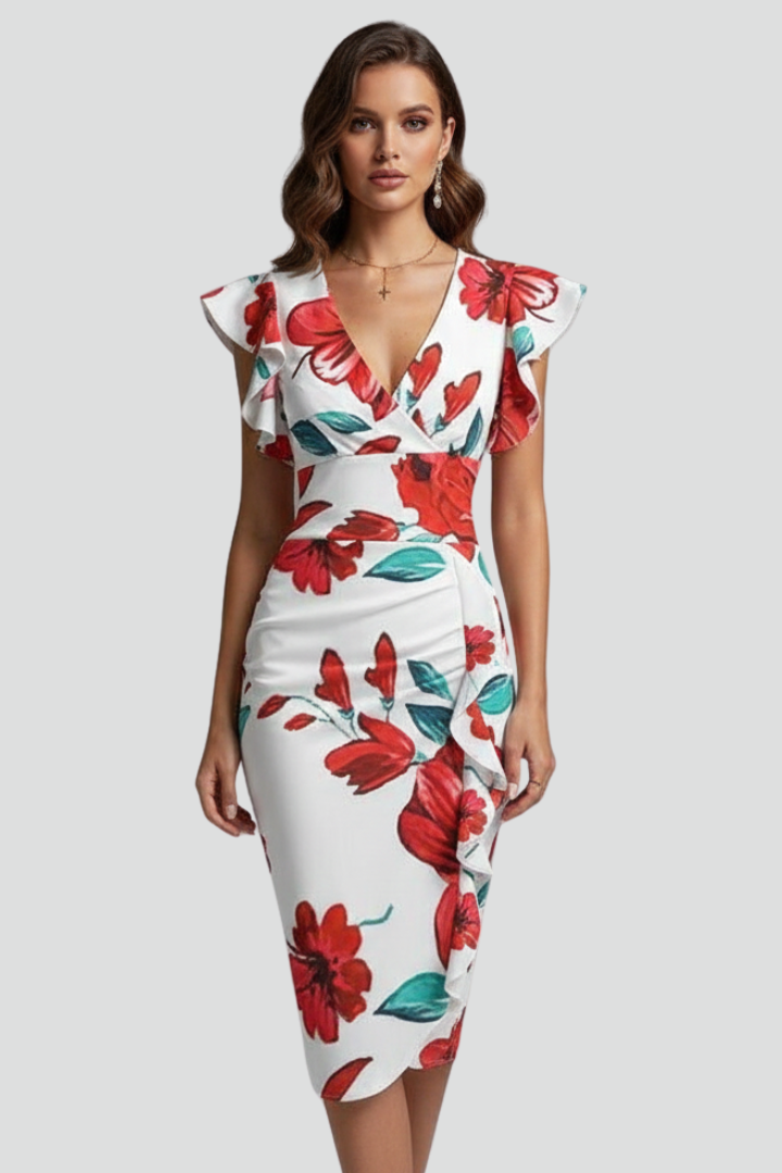 Mirae | Women’s Floral V-Neck Midi Dress – Ruffle Flutter Sleeve Fitted Waist