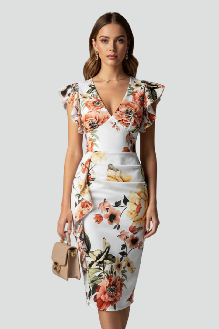 Mirae | Women’s Floral V-Neck Midi Dress – Ruffle Flutter Sleeve Fitted Waist