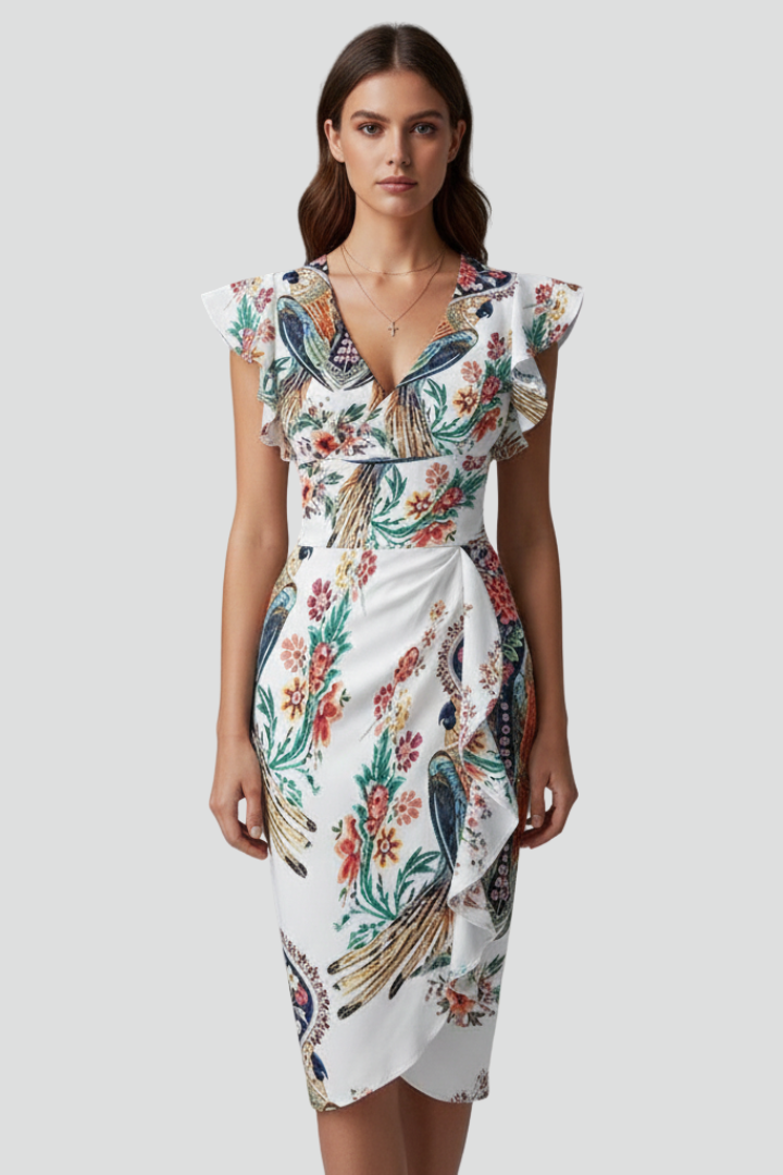 Mirae | Women’s Floral V-Neck Midi Dress – Ruffle Flutter Sleeve Fitted Waist