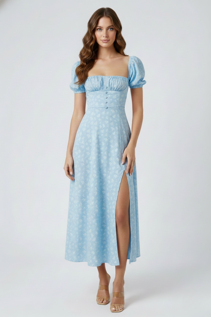 Miralora | Women’s Square Neck Puff Sleeve Midi Dress – Elegant A-Line Casual Summer Dress