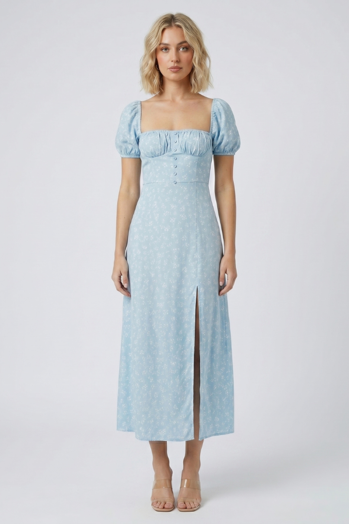Miralora | Women’s Square Neck Puff Sleeve Midi Dress – Elegant A-Line Casual Summer Dress