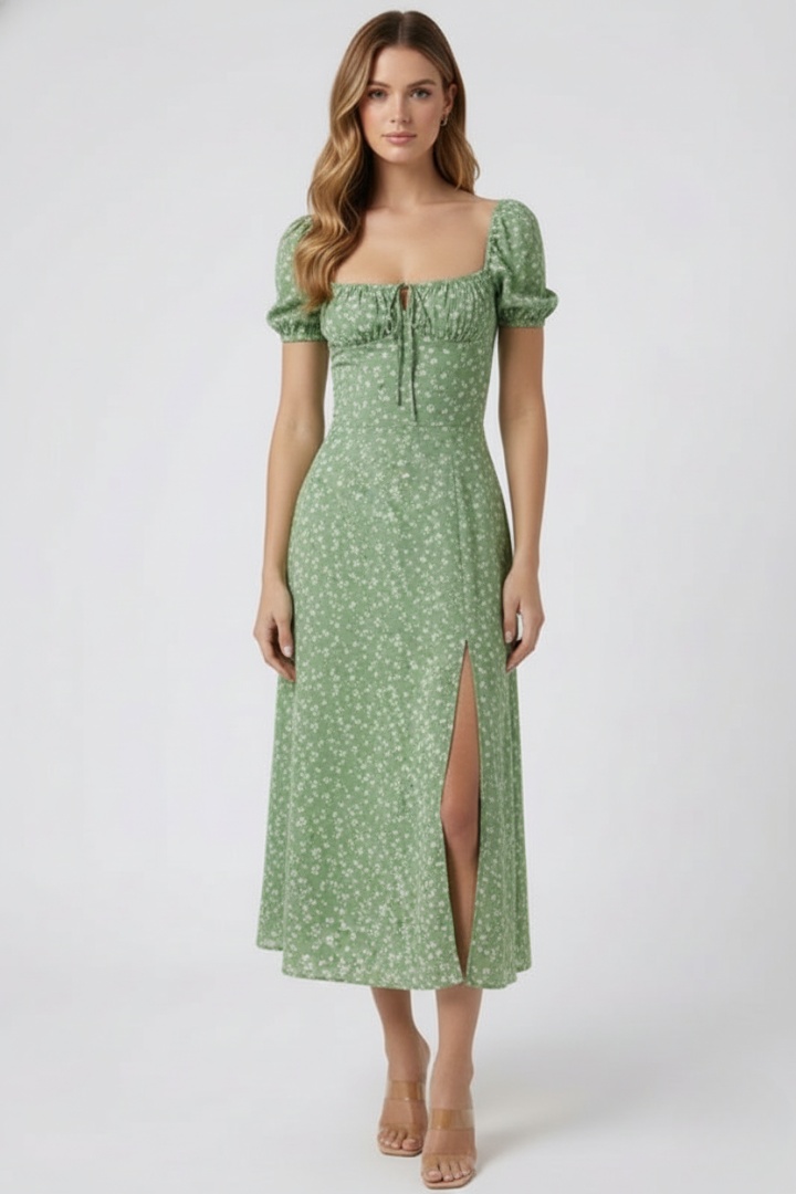 Miralora | Women’s Square Neck Puff Sleeve Midi Dress – Elegant A-Line Casual Summer Dress