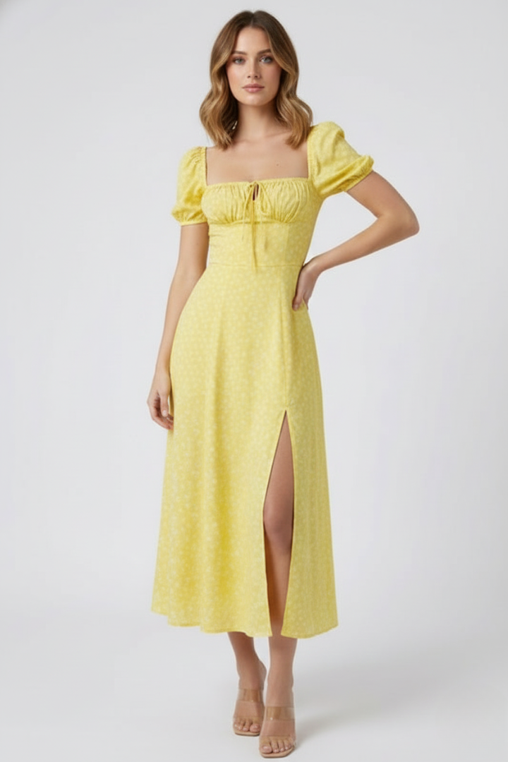 Miralora | Women’s Square Neck Puff Sleeve Midi Dress – Elegant A-Line Casual Summer Dress