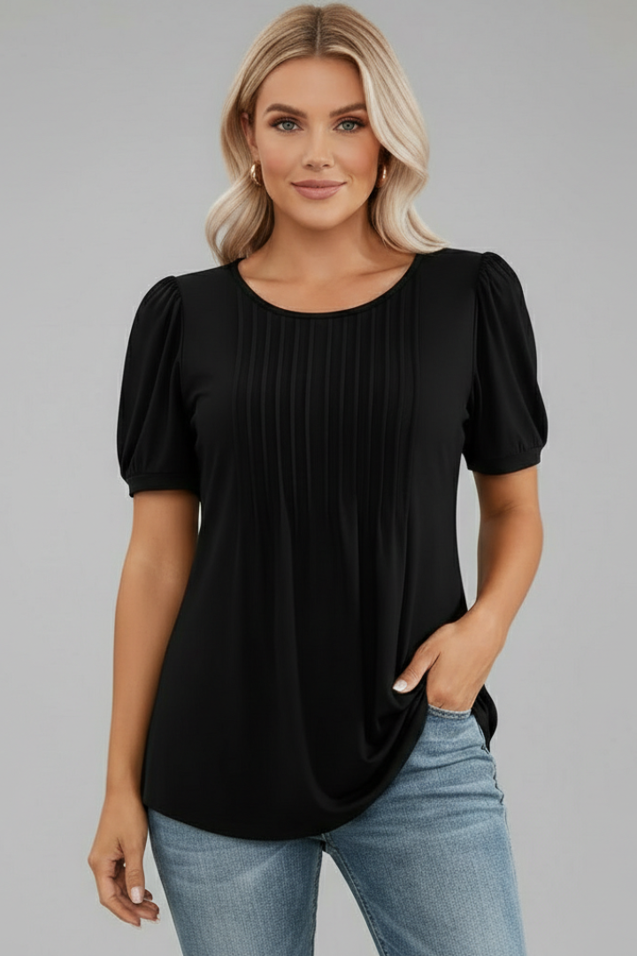Mireille | Women’s Round Neck T-Shirt – Short Puff Sleeve Top, Casual Everyday Shirt